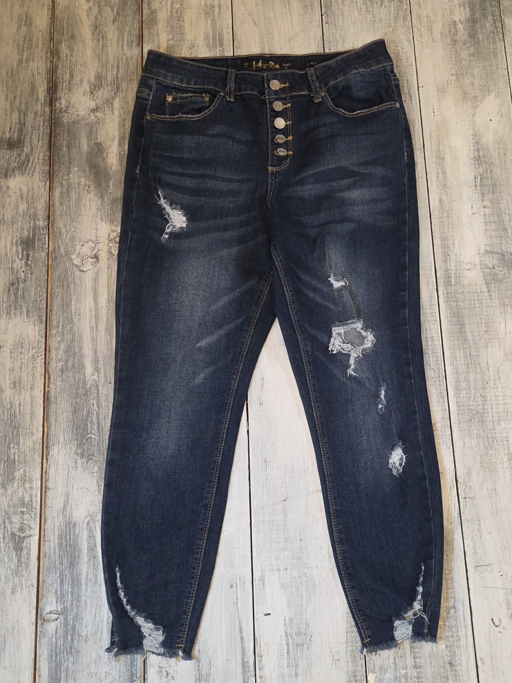 Indigo Rein Women's Dark Wash High-Rise Distressed Boyfriend Jeans sz 11